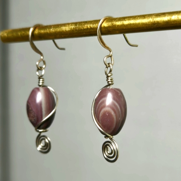 Vintage Silver Tone Purple Nature Gemstone Handmade Swirl Earrings - Picture 6 of 11